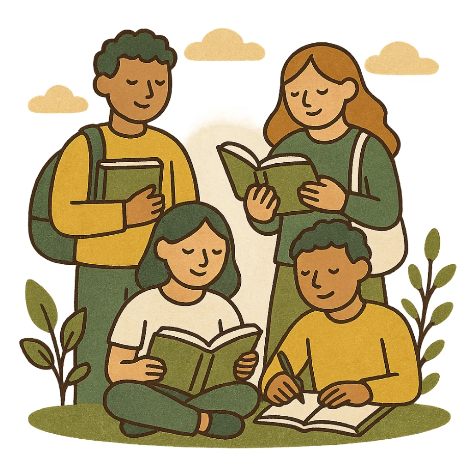 students, modern look, green gold and white color scheme, rounded shapes, simple design sticker