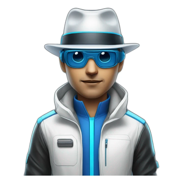 white man with blue/black high tech gear on face and with fedora hat with fast sci-fi glasses sticker