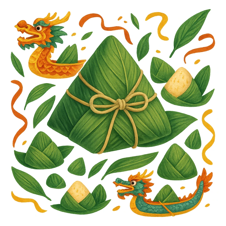zongzi tied with string, surrounded by festive Dragon Boat Festival decorations sticker