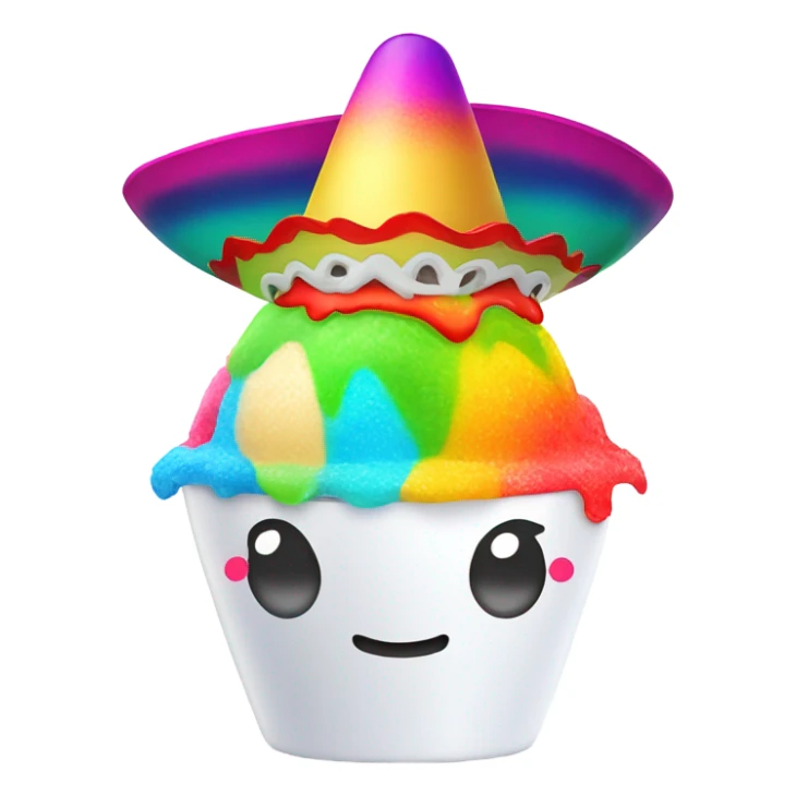 Shaved ice character in a white cup with arms and legs with a rainbow head and a Mexican sombrero  sticker