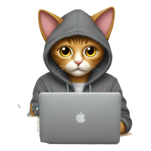 cat is a graphic designer in a hoodie and headphones, working at a computer in photoshop sticker