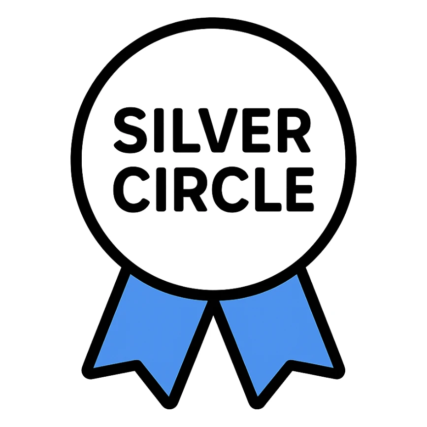 silver circle with blue ribbon and words 'Silver Circle' subtly integrated, symbolizing supportive community for professionals 45+, modern positive vibe sticker