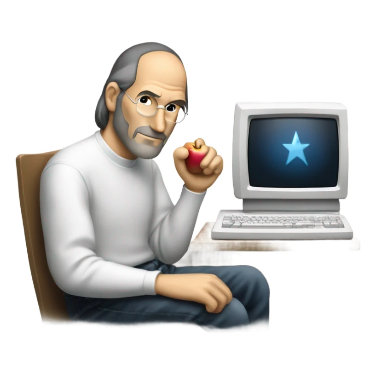 Steve Jobs with his hand on a Lisa computer sticker