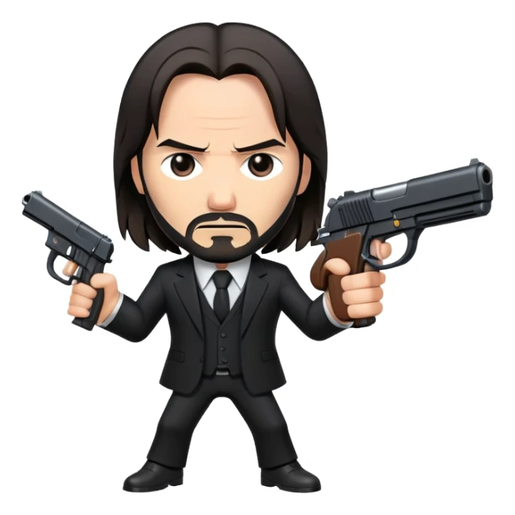 John Wick in black suit with long hair, determined expression, holding a gun sticker