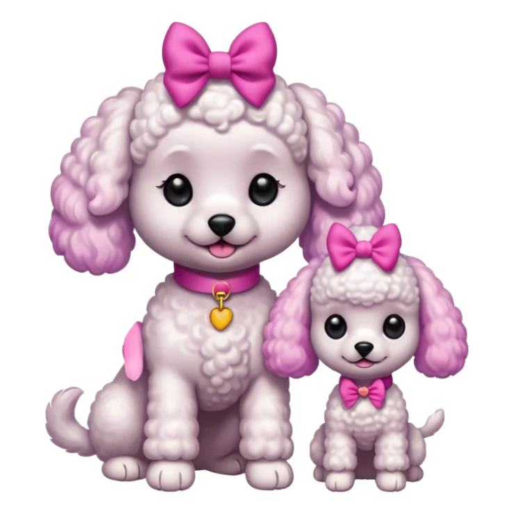 Two white toy poodle–style dogs, fluffy curly fur, round faces, black button eyes. Bright purple ears, hot-pink paws. One taller dog standing upright on hind legs wearing a large pastel pink bow on chest, one smaller round dog sitting. Cute plush emoji style. sticker