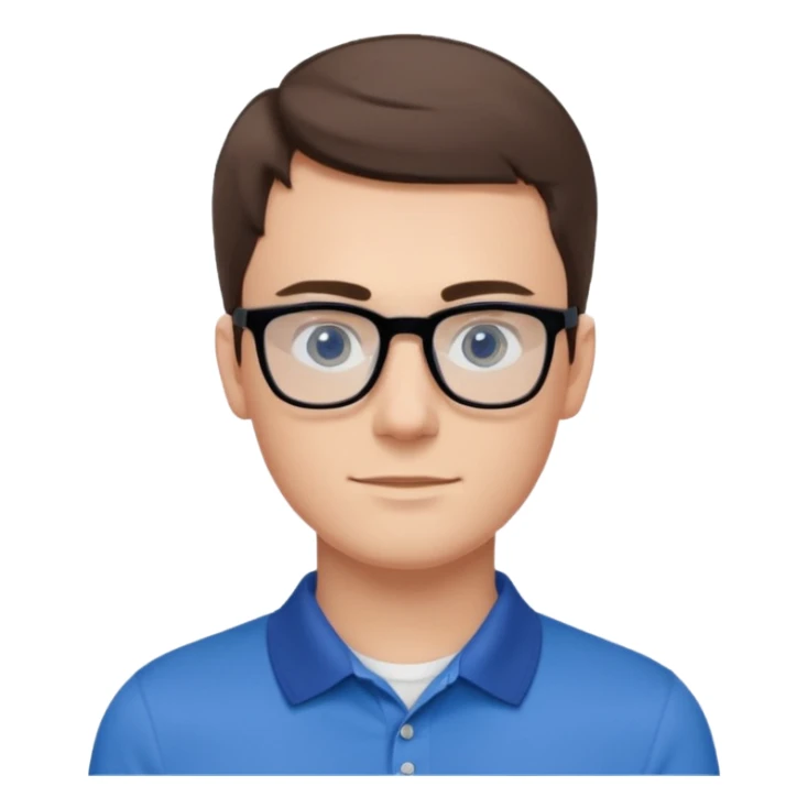 Young white man, late 20s, short brown hair, blue eyes, clean-shaven, thin black rectangular glasses, slim build, wearing a blue polo shirt, friendly and energetic look. sticker