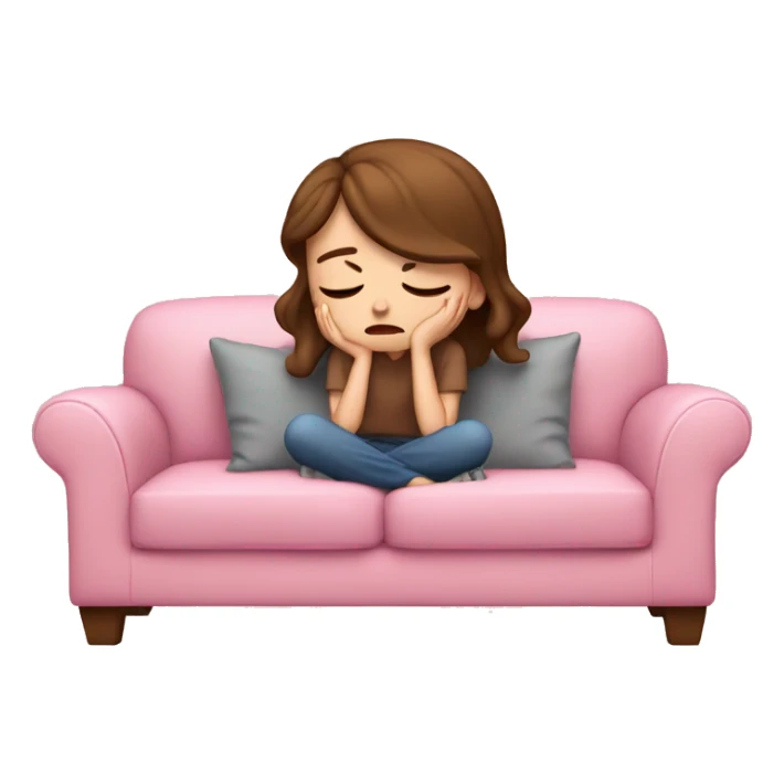 sad white girl with brown hair crying on the cozy pink couch  sticker