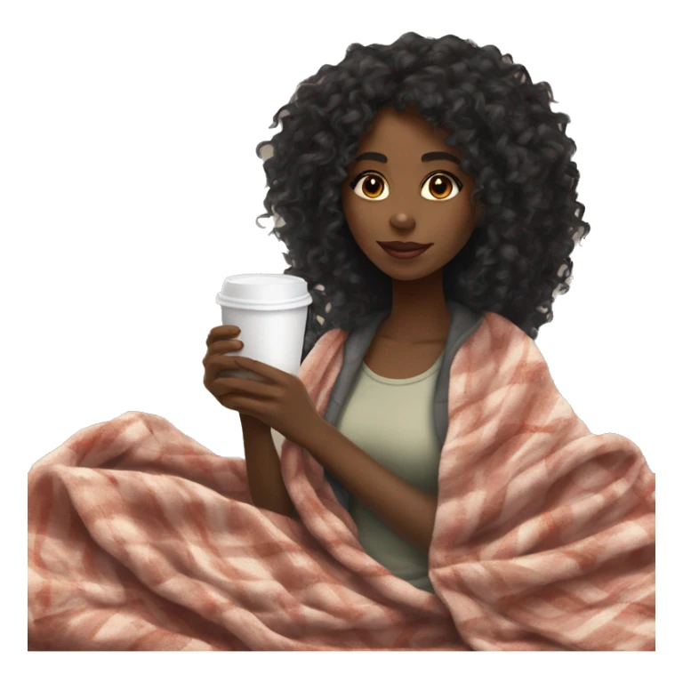 black girl, curly long hair, drinking coffe cozy with a blanket sticker