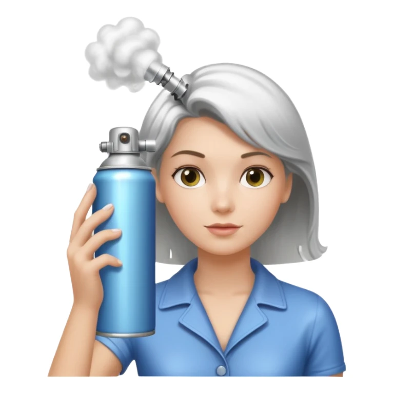 In her hand - a classic aerosol hairspray can (metallic cylinder, small spray nozzle on top). The can is spraying fine mist particles toward her hair, clearly visible as light translucent spray cloud. sticker