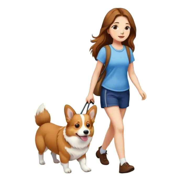 A girl with long brown hair walking a corgi sticker