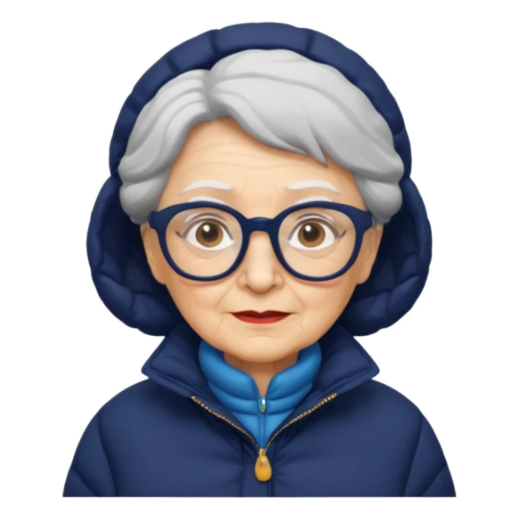 old wo man in navy puffy winter coat, wearing glasses sticker