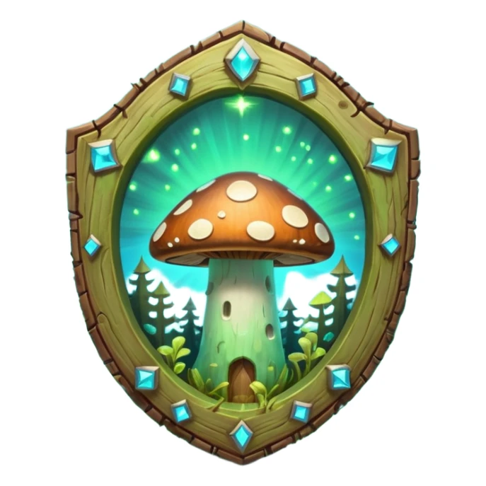 magical mushroom shield object icon, shield crafted from mushroom bark, glowing spores, fantasy forest design, soft green-blue aura, 3D cartoon, mobile game icon style, centered, clean background, no text, no watermark
 
 sticker