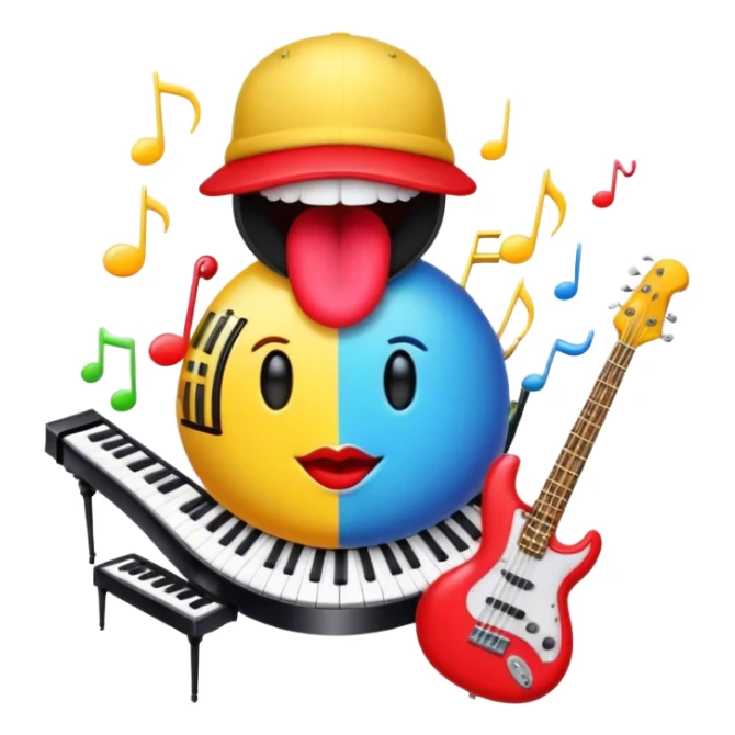 Create a vibrant and creative emoji that represents beatboxing. The design should feature a microphone with a cap placed on top, with oversized lips peeking out from under the cap. From the lips, bass clefs should be flying out, along with a variety of musical instruments (like a drum, electric guitar, and piano keys) to symbolize the blend of rhythm and creativity in beatboxing. Use bold, energetic colors like neon red, yellow, and blue to capture the lively and street-savvy essence of beatboxing. The background should be transparent. sticker