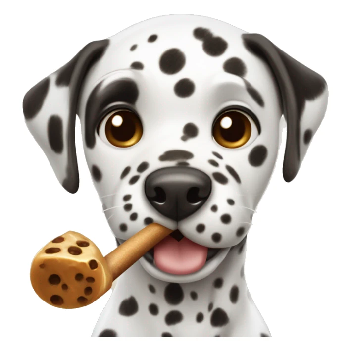 A Dalmatian with brown spots holds a caramel cane in his teeth sticker