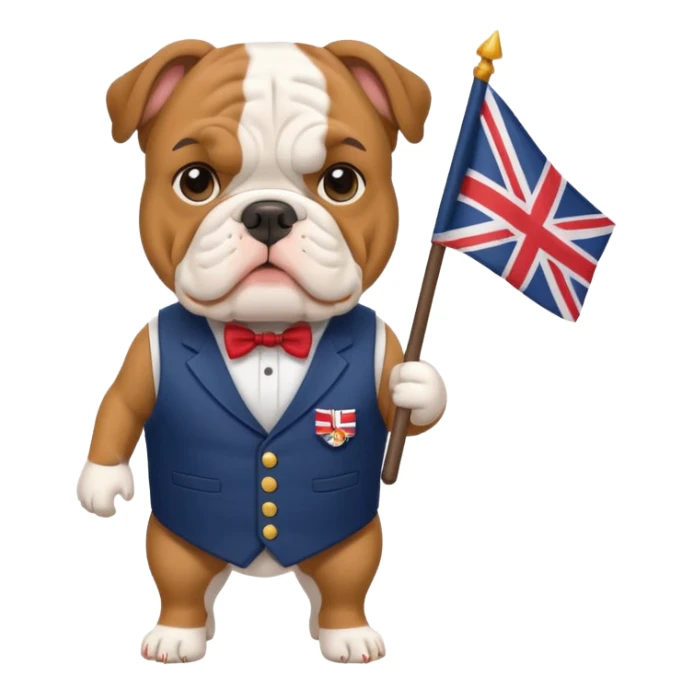 English bulldog tour guide holding a small flag sticker