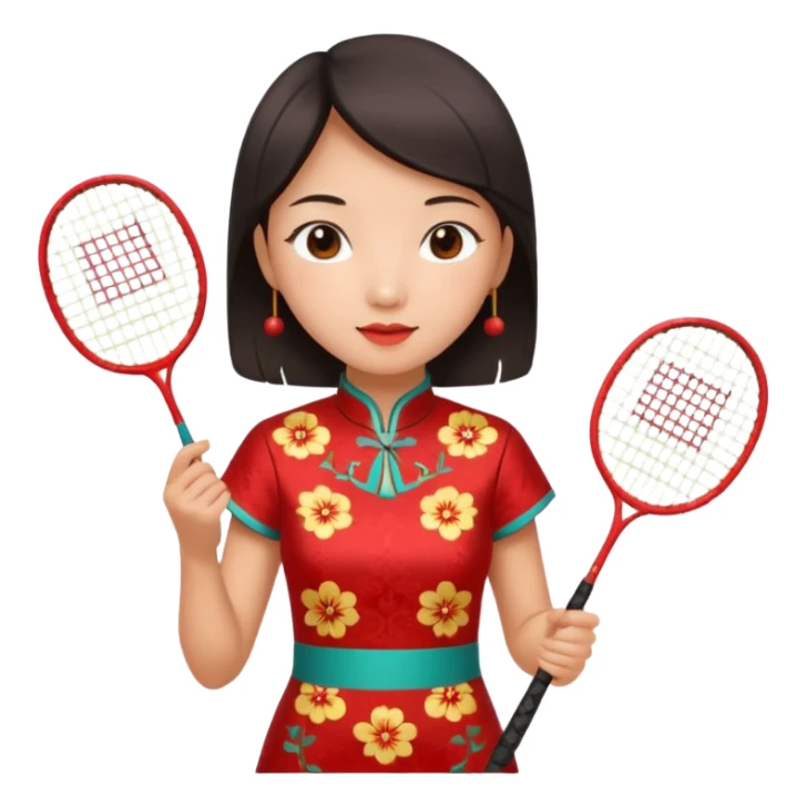 ancient cheongsam girl with 1 badminton racket, red sticker