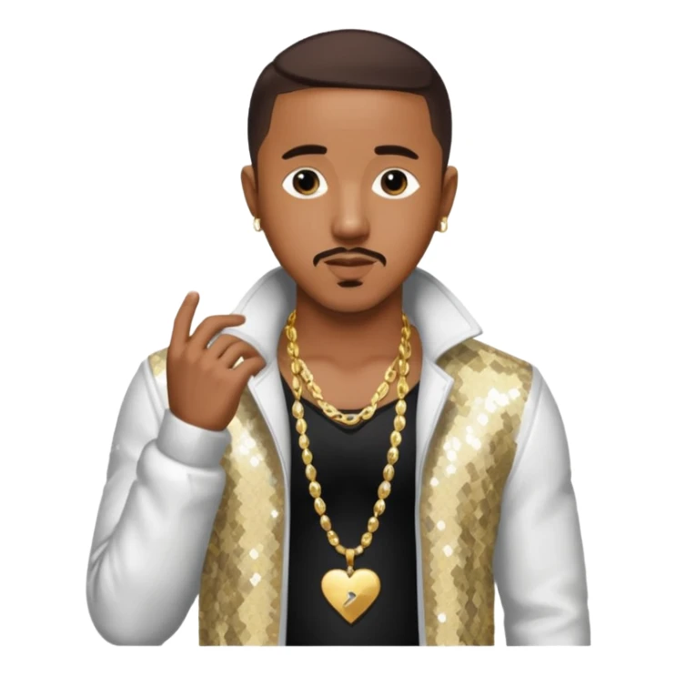 Marques Houston with dark brown hair, white sequin jacket, shirtless with necklace sticker