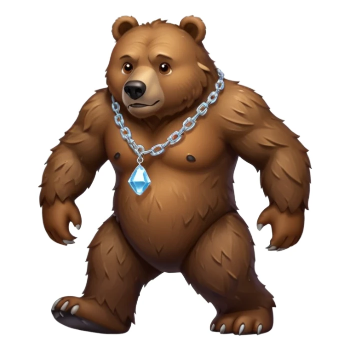 Fierce brown bear walking on four paws with an ice chain necklace, frozen chain links made of crystal clear ice, serious face sticker