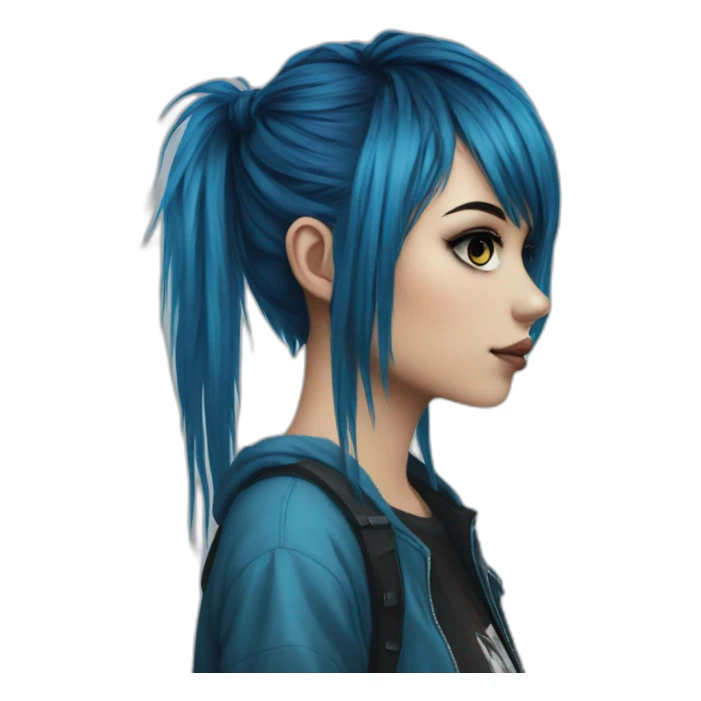Side profile realistic emo girl, black makeup, long choppy blue hair side bangs sticker