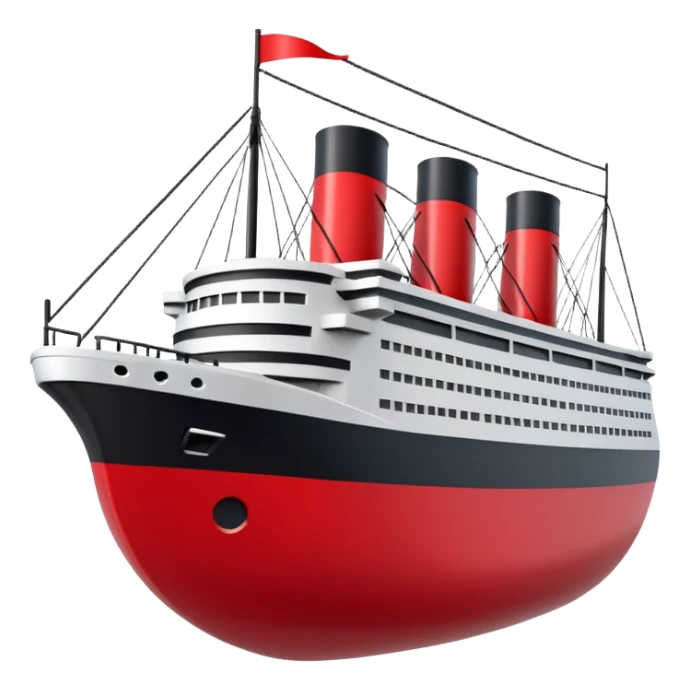 A 3D stylized Titanic ship in Apple emoji style, smooth and glossy surface, clean white and black colors with red accents, large expressive windows but no face, sailing on calm ocean with soft lighting, Pixar-quality render, minimal and elegant design, isolated on studio background.

 sticker