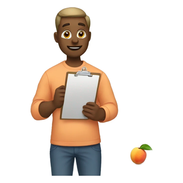 guy eating a peach and holding a clipboard sticker