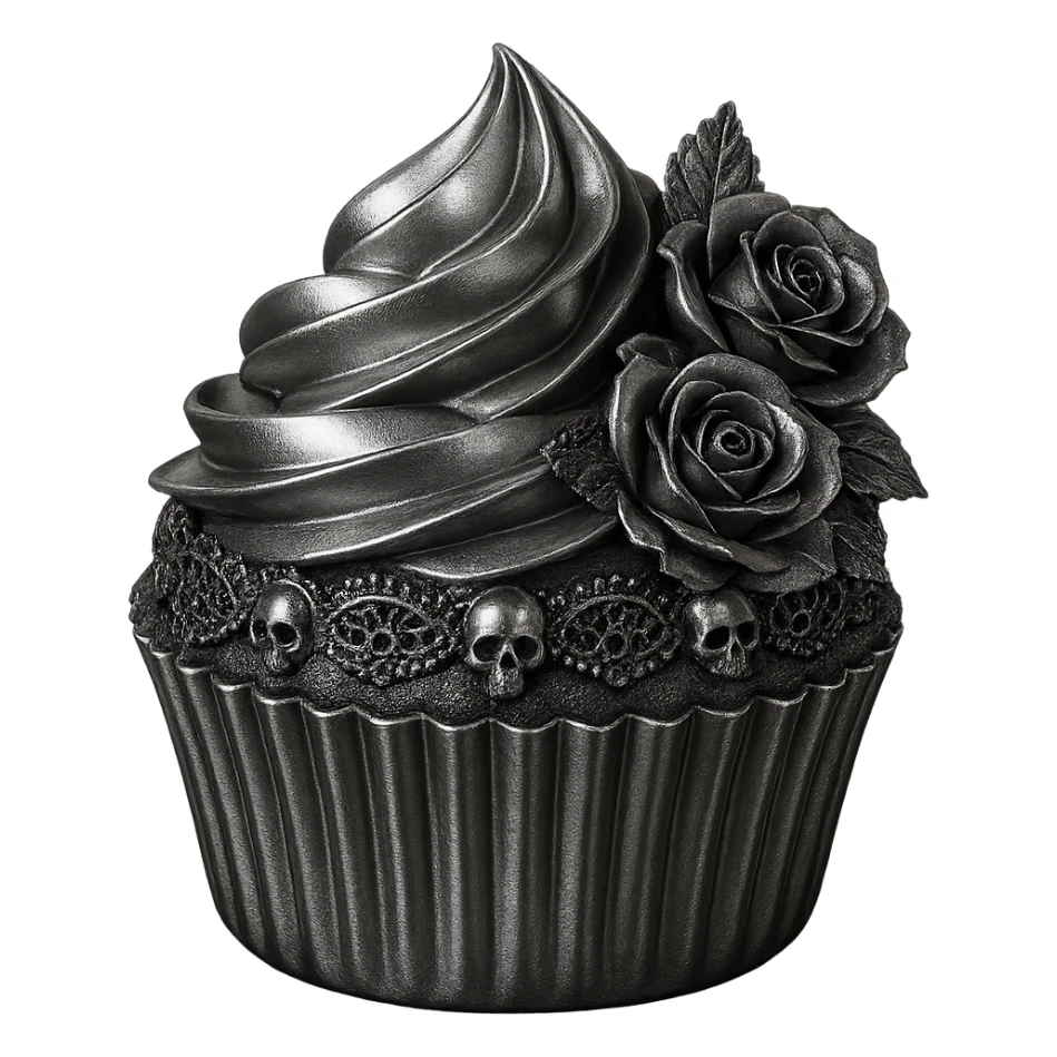 Gothic cupcake in chrome style, burgundy color, with gothic decorations such as black lace, tiny skulls, and dark roses, no background sticker