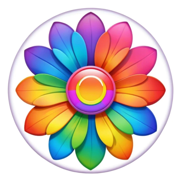 A round psychedelic colored button with a large rainbow colored flower in the center sticker
