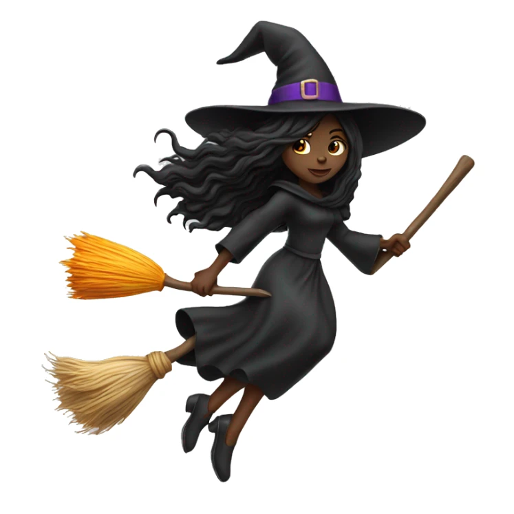 black long hair witch flying on a broom white skin sticker