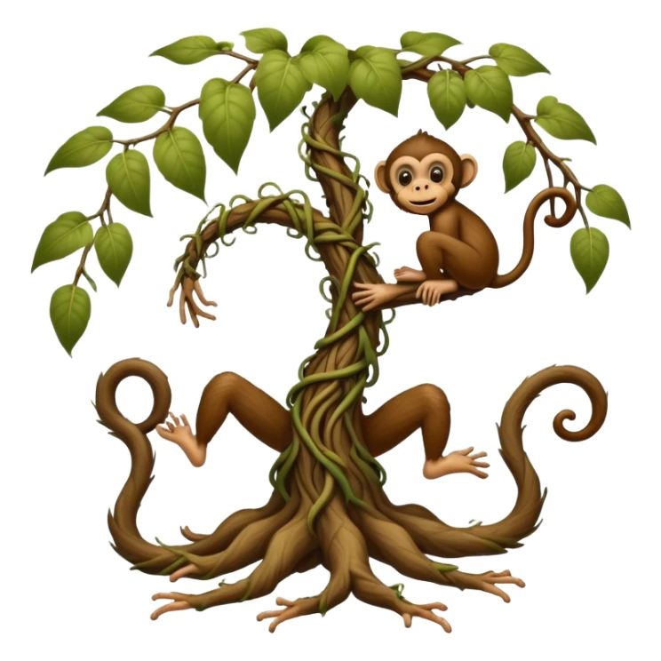 A fantasy creature with bare human feet, twisted vine-like root legs extending upward, and a cheeky monkey face at the top sticker