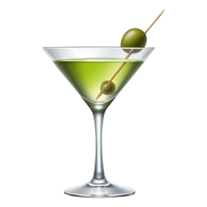 empty martini glass with just a hint of colorless liquid, showing mostly glass with very minimal liquid representation, single green olive on toothpick sticker