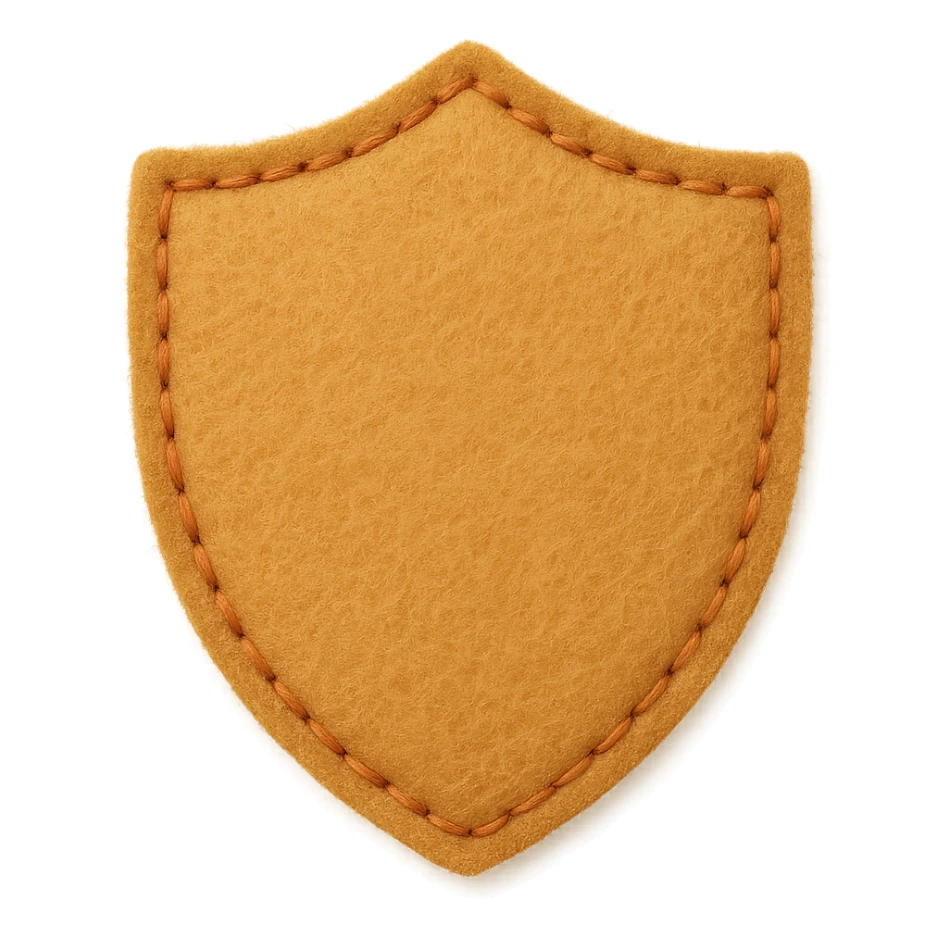 <StylePrompt>
  <Name>Minimal Felt Appliqué Icon</Name>
  <Description>
    A simplified plush icon style with soft felt textures, minimal facial features, and gentle stitching. Focuses on iconic shapes with low visual complexity for maximum clarity at small sizes.
  </Description>
  <VisualProperties>
    <Material>Felt</Material>
    <Texture>Soft, matte surface with faint fiber detail</Texture>
    <Stitching>
      <Type>Thin thread</Type>
      <Color>Muted orange or brown</Color>
      <Pattern>Sparse edge stitching only</Pattern>
    </Stitching>
    <Padding>Low to moderate—slightly puffy but not high-relief</Padding>
    <Edges>Smooth, rounded</Edges>
    <ColorPalette>
      <Primary>Warm yellows, oranges, and browns</Primary>
      <Accent>Minimal dark brown for eyes and nose</Accent>
      <Background>Plain or soft gradient, off-white preferred</Background>
    </ColorPalette>
  </VisualProperties>
  <FacialFeatures>
    <Eyes>Small circles, dark brown</Eyes>
    <Nose>Simple dot or triangle</Nose>
    <Mouth>Omit or use curved line only</Mouth>
    <DetailLevel>Low</DetailLevel>
  </FacialFeatures>
  <Rendering>
    <Lighting>Flat and soft, minimal shadows</Lighting>
    <Perspective>Side or front profile, no complex angles</Perspective>
  </Rendering>
  <Applicability>
    <SubjectType>Animals, objects, icons</SubjectType>
    <OutputFormat>Flat icon or patch-style asset</OutputFormat>
  </Applicability>
</StylePrompt>


{subject} = shield sticker