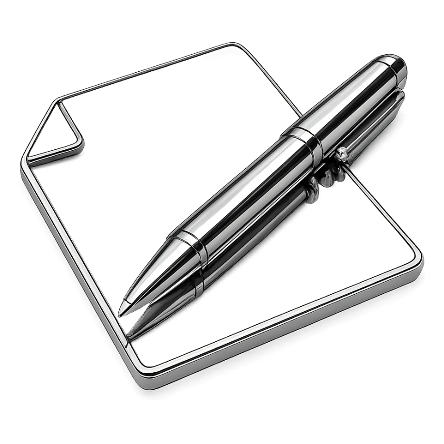 chrome style piece of paper with a metallic pen resting on it, highly reflective and polished sticker