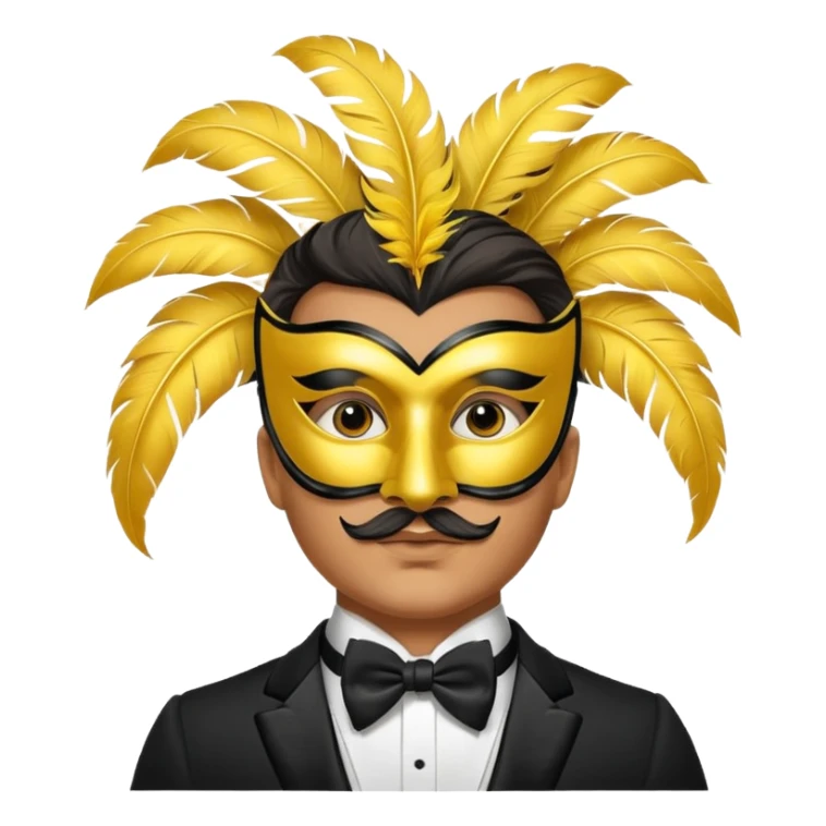 A man facing forward wearing a tuxedo with a yellow canary mask. The canary mask is in the style of a Venetian carnival mask. sticker