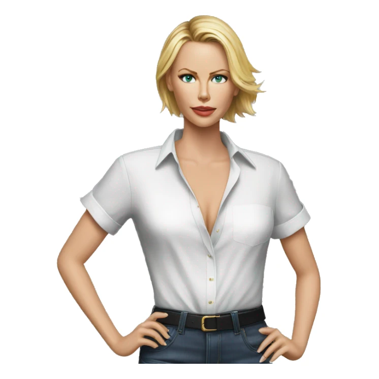 ultra realistic charlize theron wearing shirt sticker