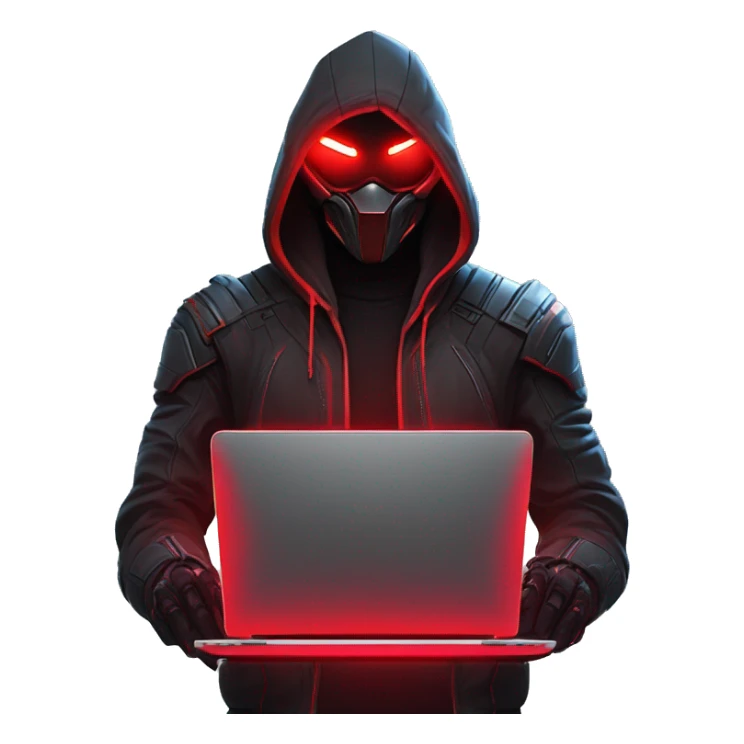developer behind his laptop with this style : crysis Cyberpunk Riot Games Valorant neon glowing bright red character red dark black hooded assassin themed character sticker