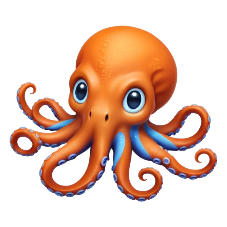 Cinematic Realistic Cute Octopus Portrait Emoji, Head tilted playfully and inquisitively, featuring a gracefully curving, compact body in vibrant orange adorned with delicate blue rings, and a charming, expressive face with round, sparkling eyes full of curious wonder; rendered with lifelike detail and soft natural highlights, high shine, affectionate and enchanting, styled with a touch of whimsical ocean magic, soft glowing outline, capturing the essence of a mischievous yet lovable octopus that seems poised to slither playfully into your arms! sticker