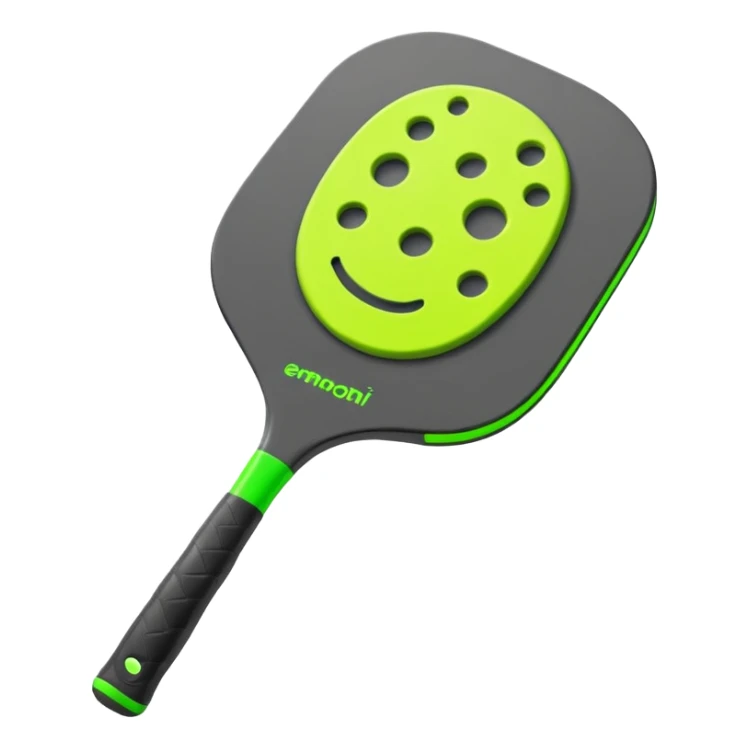 Modern Pickleball paddle graphite without holes, dark grey. 1 ball beside or on top the paddle florescent green at 45 degrees sticker