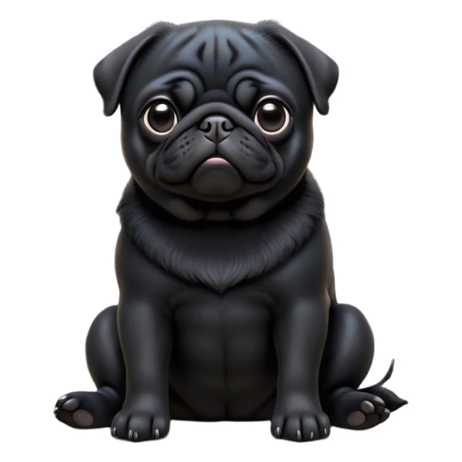 cinematic-[black pug]-realistic-full-body-sitting-emoji,-tail-resting-loosely-beside-its-paws,-head-tilted-dramatically, -sleek-[black]-fur,-simplified-yet-realistic-focused-features,-highly-detailed,-glowing-with-an-almost-sarcastic-glow sticker