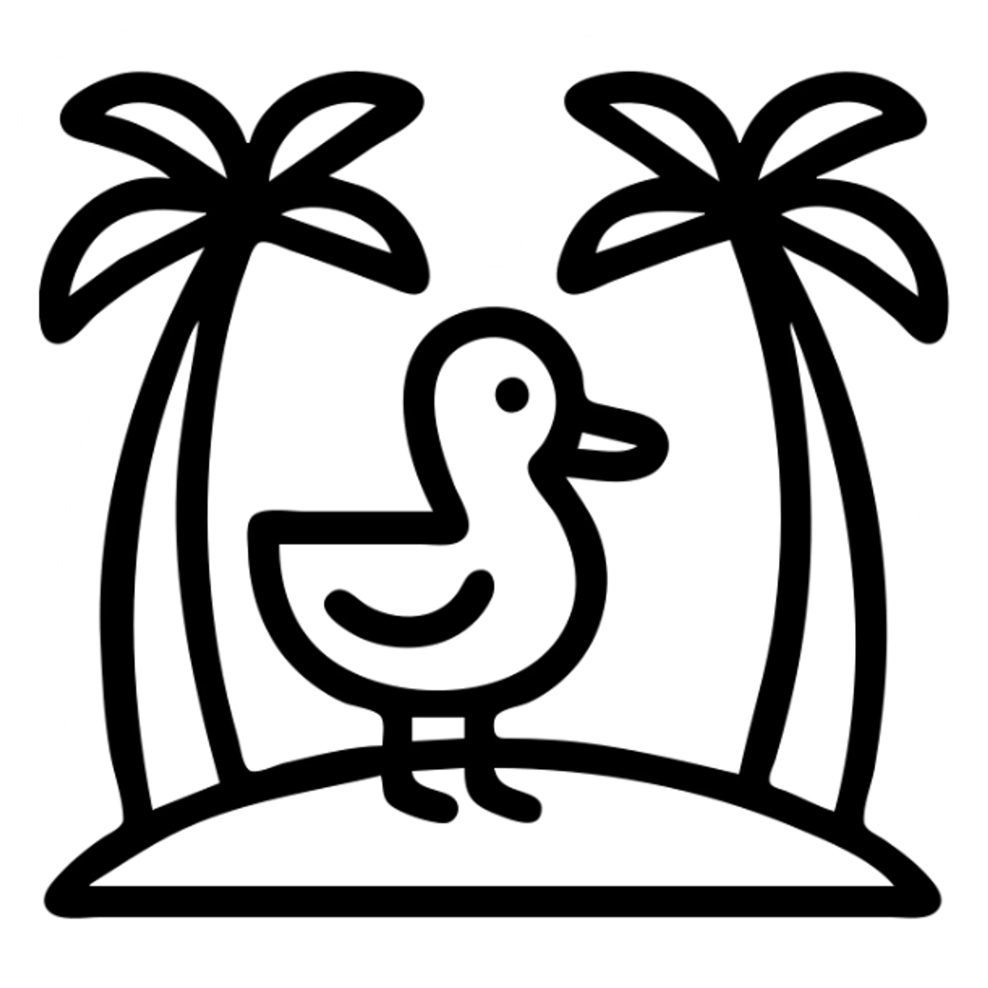 cartoon duck standing on an island with two coconut trees, outlined style, minimal color sticker