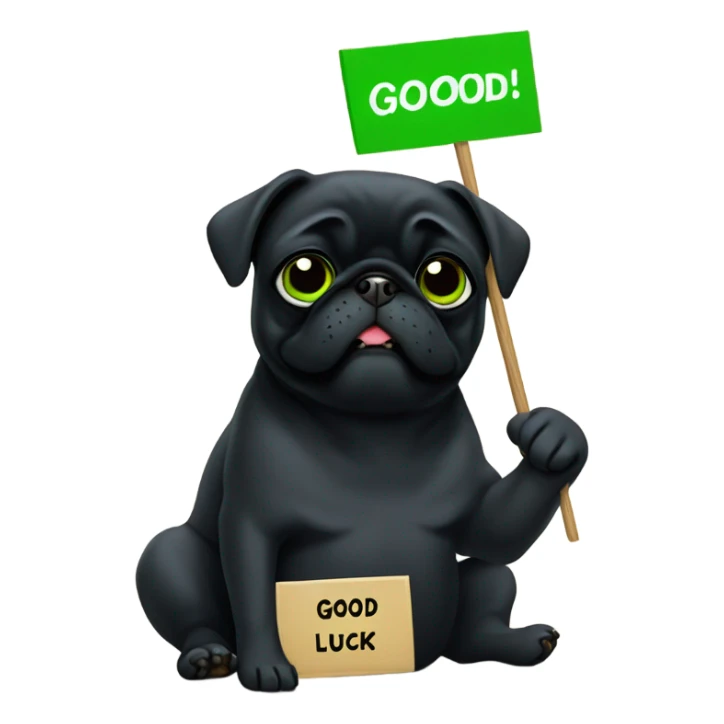Black pug holding a green sign that says good luck  sticker