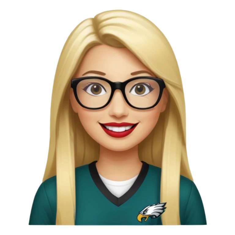 long blonde straight hair, black rectangle glasses, smiling, lipstick, full length eagles uniform, 33 sticker