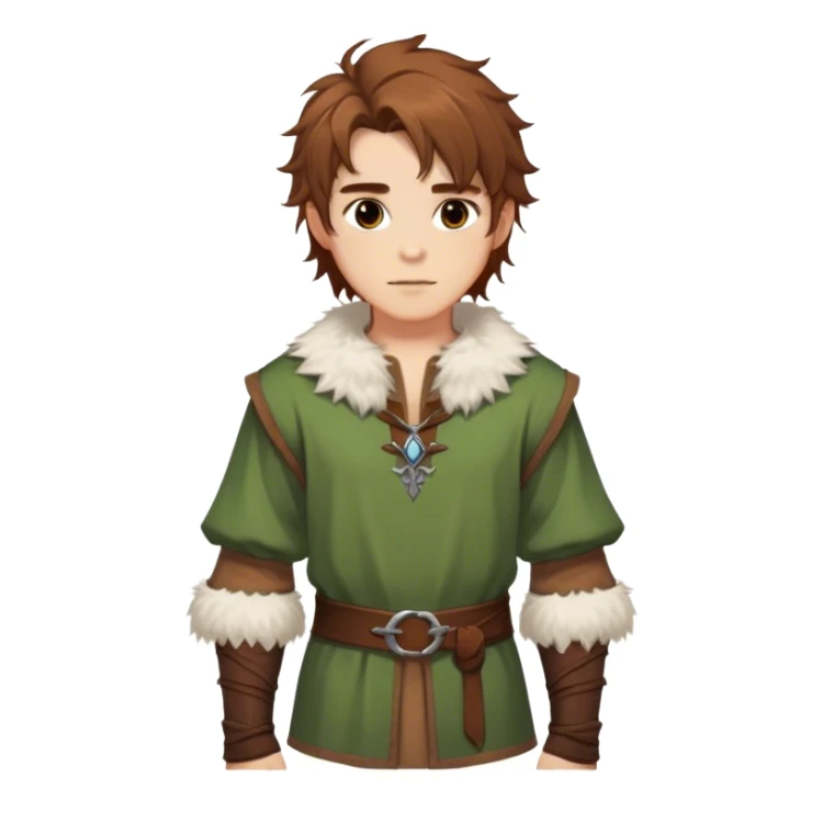 medieval spring outfit worn by a DnD themed fantasy male character. cotton tunic with sleeves rolled to the elbow, featuring a light fur-lined collar for chilly mornings. clothes only above the waist. The clothes full waist. The character's haven't arms. character is white-skinned, chestnut brown hair, amber eyes, shoulder-length messy hair. sticker
