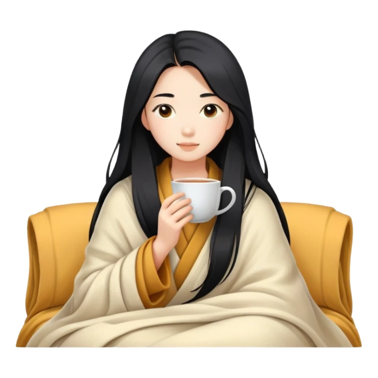 Asian girl with long black hair wrapped in a blanket and drinking tea sticker