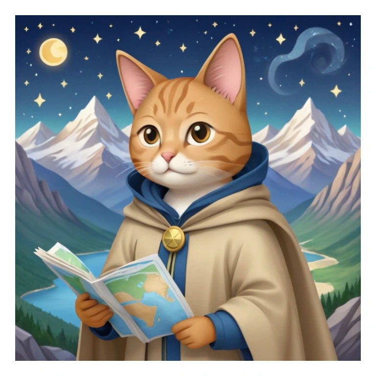 Explorer cat holding a map, mountains and stars in background, wearing light explorer clothing with flowing cloak, looking into distance sticker