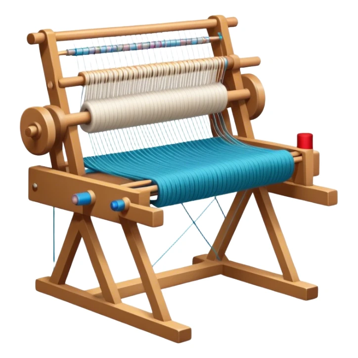 Weaving icon, loom with threads in various colors, visible shuttle, spools of yarn, and weaving tools in progress, fabric being woven, minimalistic style, clean lines, transparent background. sticker