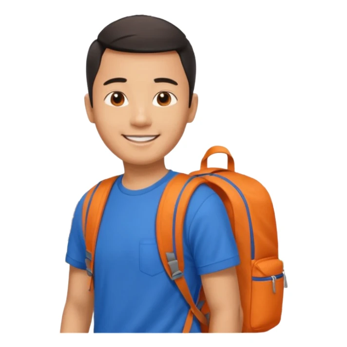 an asian man in blue t-shirt with orange backpack on the back. Eiffel tower on the background. shoulder length picture sticker