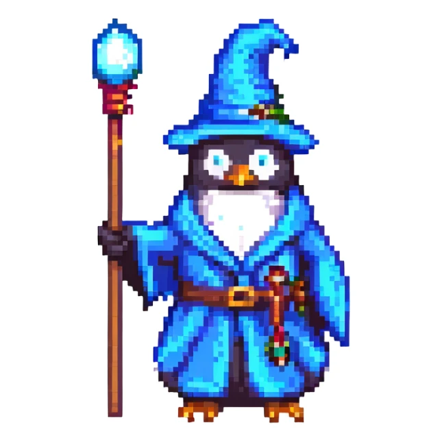 pixel art penguin wizard holding a wand, with a blue robe and hat sticker