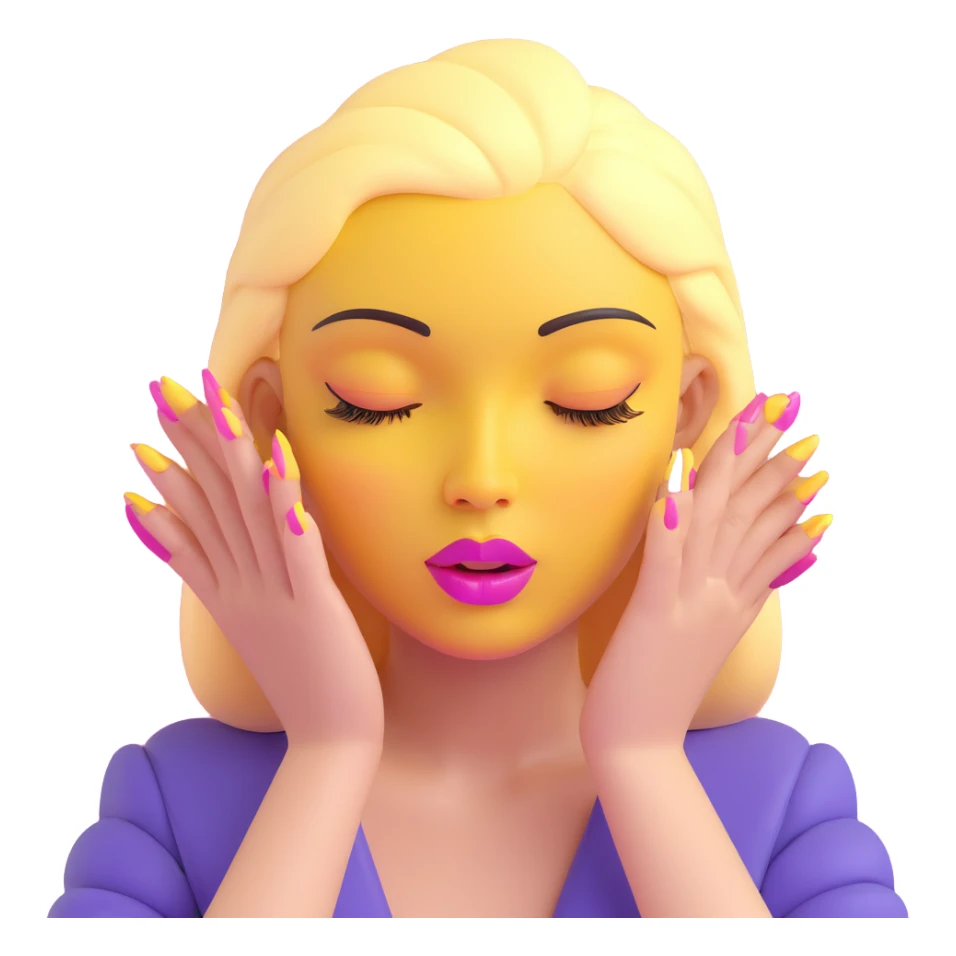 yellow face nodding, closed eyes with dramatic lashes, full lips, hands with long pink nails sticker