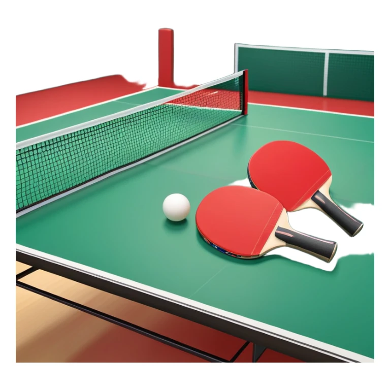 Two table tennis paddles and a ball placed on a ping pong table, with the net in the background. The scene conveys the simplicity and focus of the sport, with vibrant colors highlighting the rackets and ball on the smooth surface of the table. sticker