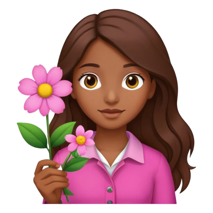 brown long haired girl in pink with a flower sticker